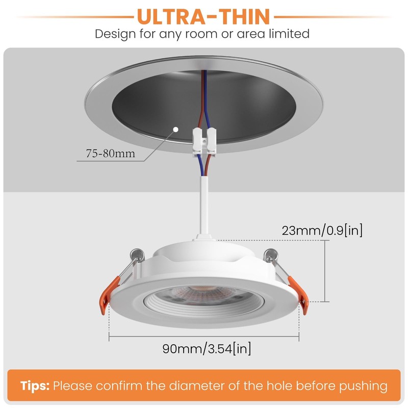 5W LED Recessed Ceiling Light Dimmable IP44 Spotlight,3CCT 2700-3000K,90-100mm Cutout