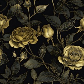 FunStick 17.5"x354" Black and Gold Floral Peel and Stick Wallpaper Vintage Moody Dark Floral Wall Paper for Bedroom Walls Removable Rose Flower Wallpaper Renter Friendly Black and Gold Contact Paper