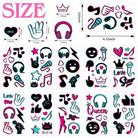 Konsait Glow in The Dark Temporary Tattoos for Kids Adults,10 Sheet Neon Music Party Body Face Tattoos Waterproof Fake Tattoos Stickers for Boys Girls Women Birthday Gifts Glow Party Favor Supplies
