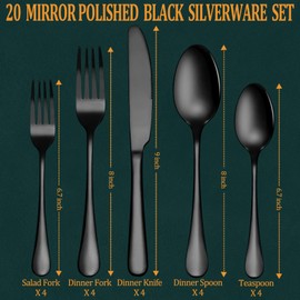 20 Pcs Black Silverware Set, Stainless Steel Flatware Set for 4, Food-Grade Mirror Polished Tableware Eating Utensils Set for Home Kitchen, Include Knife Fork Spoon Set, Dishwasher Safe