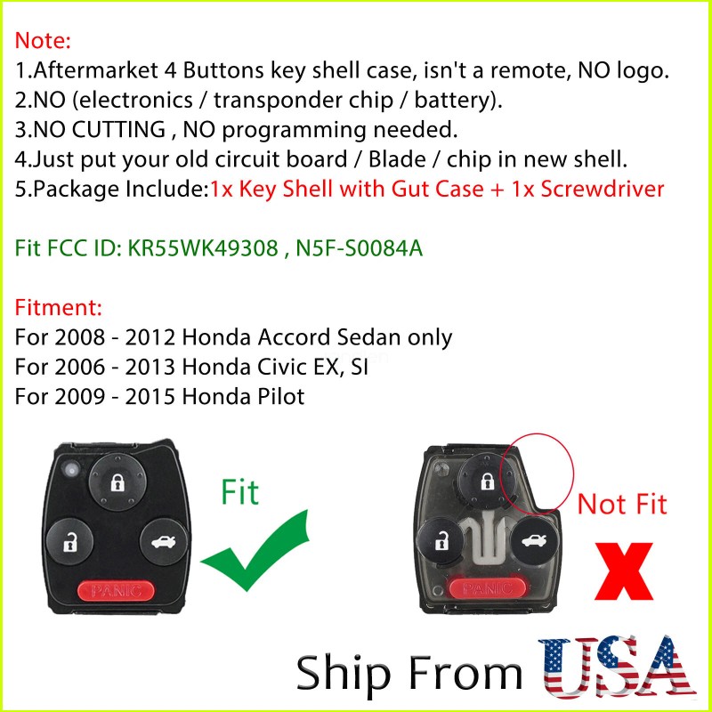 Unbranded 4B Remote Key Fob Shell Case for Honda Accord