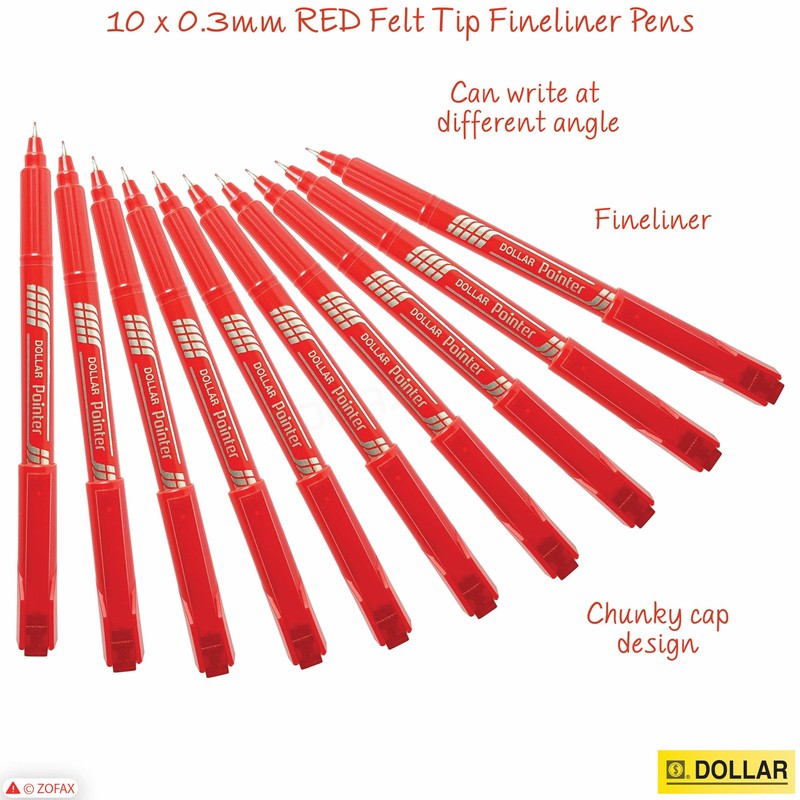 Z3FT Fineliner Pens, RED, Fine Tip (0.3mm), Pack of 10,