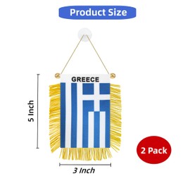 Rotenl 2 Pack Greece Window Small Mini Hanging Flag, 3 X 5 Inch Greek Car Flag Banner with Golden Fringy Tassel and Suction Cup, Wall, Door and Rearview Mirror Decor (Greece)