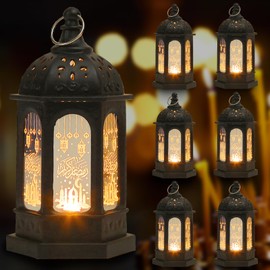 Glodecart 6PCS Mini Ramadan Lantern for Ramadan Decorations, Black Mini Castle Moon Pattern Ramadan Lantern for Ramadan Table Decoration Ramadan Gift Home Decor, Ramadan Lights Lantern Decor Outdoor