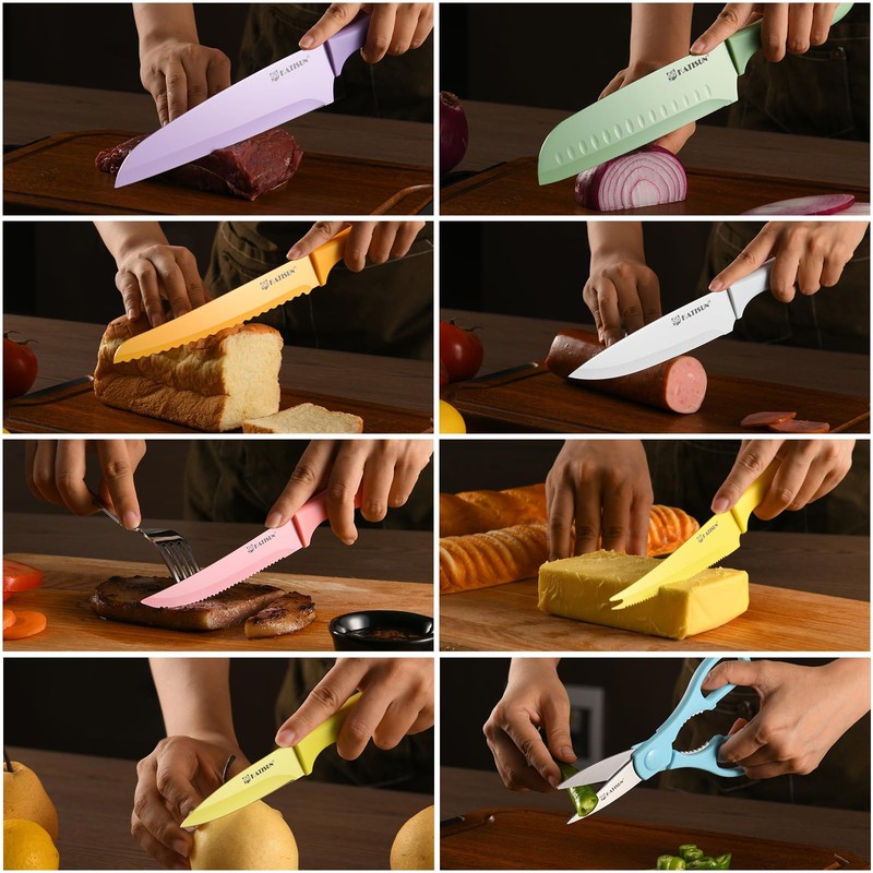 KATISUN Knife Set with Kitchen Cutting Board，30 Piece Colour Coding