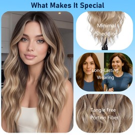Long Brown Ombre Blonde Wig for Women Natural Looking Wavy Curly Synthetic Ombre Blonde Hair Wig Tangle Free Heat Resistant Comfortable for Daily Wear