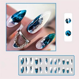 Long Press on Nails Almond Fake Nails dark green Glossy False Nails Designs Gradient And Glitter Acrylic Press on Nails Full Cover Stick Glue on Nails for Women Nail Decorations 24Pcs
