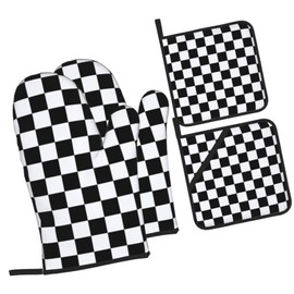 Checkered Black and White Plaid Oven Mitts and Pot Holders Set of 4,Heat Resistant Non-Slip Potholders Oven Gloves and Pad for Kitchen Cooking Baking Grilling BBQ