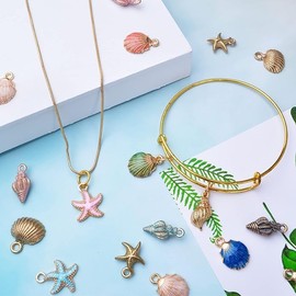 60pcs Alloy Ocean Starfish Seashell Conch Charms, Colorful Gold-Plated Pendants Craft Supplies, Charms for DIY Jewelry Making Birthday Wedding Party Favor Gifts