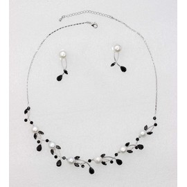 Faship Gorgeous Black CZ Crystal Genuine 10mm Freshwater Pearls Floral Necklace Earrings Set - Black