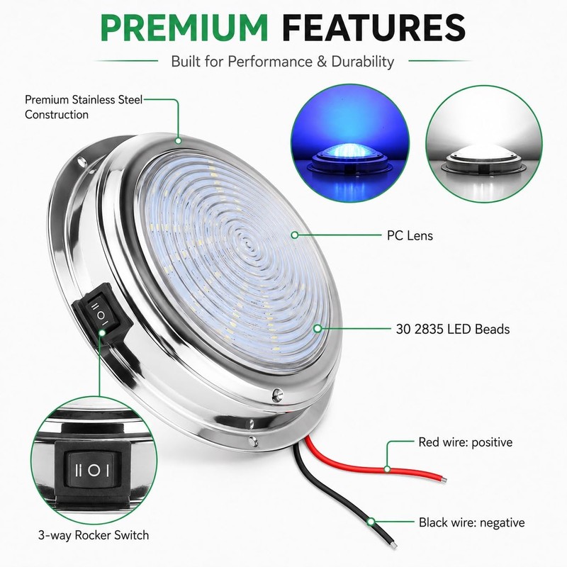 7 Inch 12V Marine Boat Dome Light Dual Color