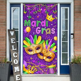 Aperturee Mardi Gras Door Cover 72x35 Inch, Purple Gold Mask Mardi Gras Carnival Party Decorations Masquerade Themed Party Photography Backdrop Front Door Hanging Banner