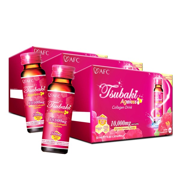 AFC Japan Tsubaki Ageless Beauty Collagen Drink from Japan with 10,000mg Marine Collagen Peptides + 500mg Royal Jelly + Hyaluronic Acid + Vitamin Bs & C for Skin Revitalization 1.69fl.ozx10sx3