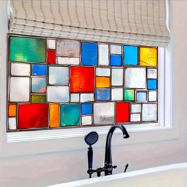 HOMETITUTE Color Block Stained Glass Window Privacy Film Static Cling Decorative Windows Film Rainbow Glass Sticker Frosted Window Clings UV Blocking Windows Tint 39.3x17.7 Inch