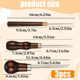 3 Pcs Awl Tool Set Leather Scratch Awl Tool Stitching Sewing Awl with Wooden Handle Piercing Awl Needle Tools Gourd Shape Pin Punching for Leather Punch Hole Craft Repair Shoes Sewing