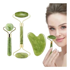 3pcs Rodillo De Masaje Facial De Jade Gua Sha Rejuvenece Kit