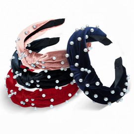 Hifari Knotted Pearl Headband - Pack of 4 Velvet Headbands for Women - Elegant, Beaded Headbands with Pearls for Everyday Use