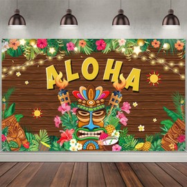 Luau Party Decorations Hawaiian Aloha Backdrop Banner Tropical Tiki Totem Photography Background Palm Leaf Hibiscus Flower Theme Party Supplies for Summer Hawaiian Theme Party Decorations