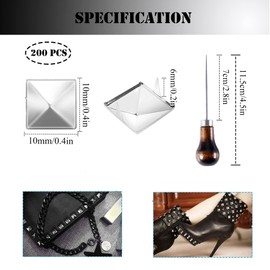 YJFY Pack of 200 Metal Square Rivets Claws Rivets Pyramid Spike Rivets Metal Punk Spikes for Bags Leather Band Coats Clothing Gloves with Drilling Wire (10 mm Silver)