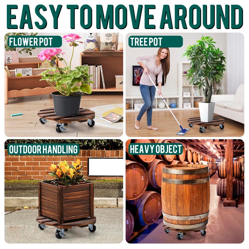 ZXZYHFTY Round Original Wooden Plant Stand with Wheels, 2 Packs