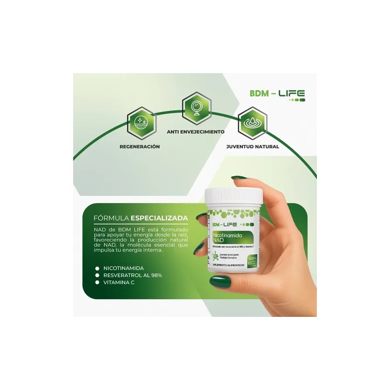 BDM LIFE Nicotinamida NAD Resveratrol 98% Vitamina C 60 Cápsulas