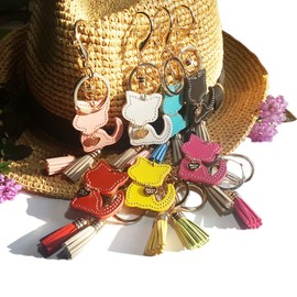 byDream Cat Key Chain Genuine Leather Bag Charm Leather Cat Charm Genuine Leather Cute Tassel Charm Key Ring, yellow