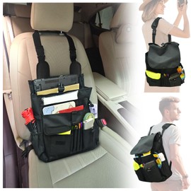 JLQP Car Front Seat Organizer Patrol Bag Car Office Organizer with Laptop Storage Stabilizing Side Straps Soft Adjustable Shoulder Strap Truck Organizer Storage Bag, Black