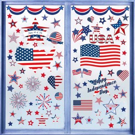 Patriotic Window Clings Stickers Independence Day Window Clings Stickers USA Stars Flag Fireworks Window Decals Blue Red White Double-Sided for 4th of July Veterans Memory Day Party Supplies 9 Sheets