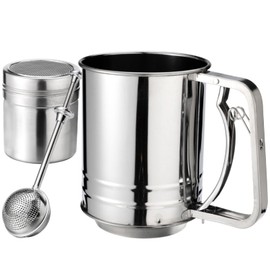 3 in 1 Stainless Steel Sifter 3 Cup Flour Sifter for baking with Powdered Sugar Duster Set, flour sprinkler Duster for Baking Pastries Pies Cupcakes and Desserts