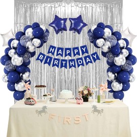 Navy Blue Birthday Balloons Decorations, Blue and Silver Happy Birthday Banner with Fringe Curtains for 16th 30th 40th 50th 60th 70th 80th 90th Men Party Supplies
