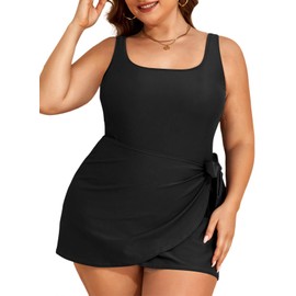 Aleumdr Women's Plus Size Swimsuit One Piece Swim Dress Modest Full Coverage Tummy Control Bathing Suit with Skirt Black 0X