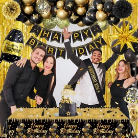 Black and Gold Birthday Party Decorations with Happy Birthday Banner, Bday King Sash, Latex Confetti Balloons, 3D Butterfly, Fringe Curtain, Tablecloth, Pom Poms for Men Boys Party Supplies
