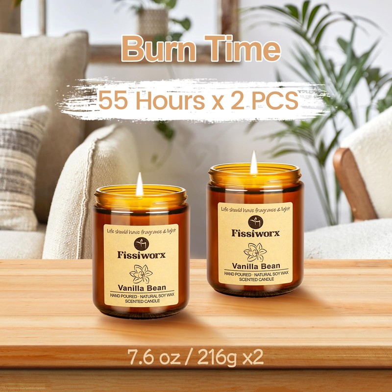 Fissiworx Vanilla Scented Candle Set 2 Pack, Candle for Home