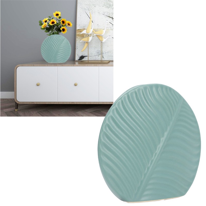 Leaves Pattern Ceramic Vase Nordic Style Dark Green Flat Leaf