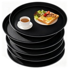 Calolin 6 Pcs Round Plastic Serving Tray, 11 in Non Slip Food Service Trays, Lightweight & Stackable Serving Trays for Parties, Restaurants, Kitchens and Homes