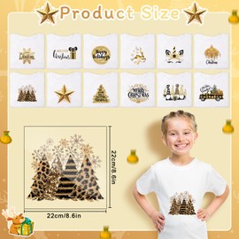 Fumete 12 Sheets DIY Christmas Iron on Stickers Gold Buffalo Santa Claus Elk Heat Transfer Stickers Appliques Element Heat Transfer Set for Clothes Patch, Large Size, Crafts, Party Favors