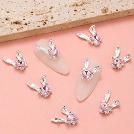 10Pcs Easter Nail Charms Silver Rabbit Ear Nail Art Charms Cute Nail Gems with Pink Rhinestones Cute Rabbit Ears Charms for Nails for Acrylic Nails Supplies DIY Nail Art Decoration