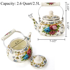 Fasmov 2.5L Enamel Teapot, Large Porcelain Enameled Teakettle, Floral Colorful Tea Kettle with Handle for Stovetop, Retro Steel Teapot for Hot Water, No Whistling