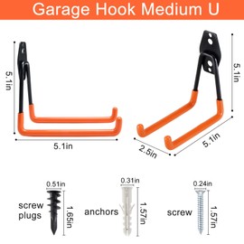 AOBEN Garage Hooks Heavy Duty, Steel Garage Storage Hooks, Utility Tool Hangers and Combinable Wall Mount Garage Hooks for Organizing Ladder, Hold Chairs, Heavy Tools (Medium U, 4 Pack)