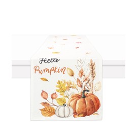 PurpleEssences Pumpkin Table Runner, Cotton 13x72 Inch Autumn Table Runner for Fall Outdoor & Indoor Party, Thanksgiving Table Runners for Kitchen Dining Table - Hello Pumpkin Orange