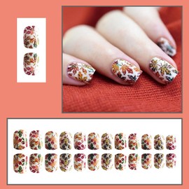 Press On Nails Coffin Fake Nails Maple Leaves Stick On Nails Brown Glue On Nails Glossy Shiny Artificial Nails Full Cover Acrylic Nail Kit For Women Girl 24pcs