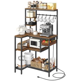 YATINEY Coffee Bar, Bakers Rack with Power Outlet, Large Microwave Stand with Wire Basket and 6 Hooks, Kitchen Storage Rack, Versatile Coffee Station for Living Room, Home Cafe, Rustic Brown HB10UBR