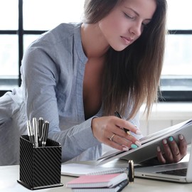Carbon Fiber Pen Holder Pencil Holder for desk, Desktop Organizer and Black Pencil Cup for Office, School, Home,Glossy Black