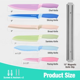 HAUSHOF Kitchen Knife Set with Magnetic Knife Strip for Wall, 6-Piece Colorful Knives Set for Kitchen, Non-Stick Coated Stainless Steel Blades for Slicing, Dicing, Magnetic Knife Holder for Storage