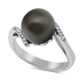 KOKAV 925 Sterling Silver Genuine Tahitian Pearl 10mm, Diamond Ring. (7)