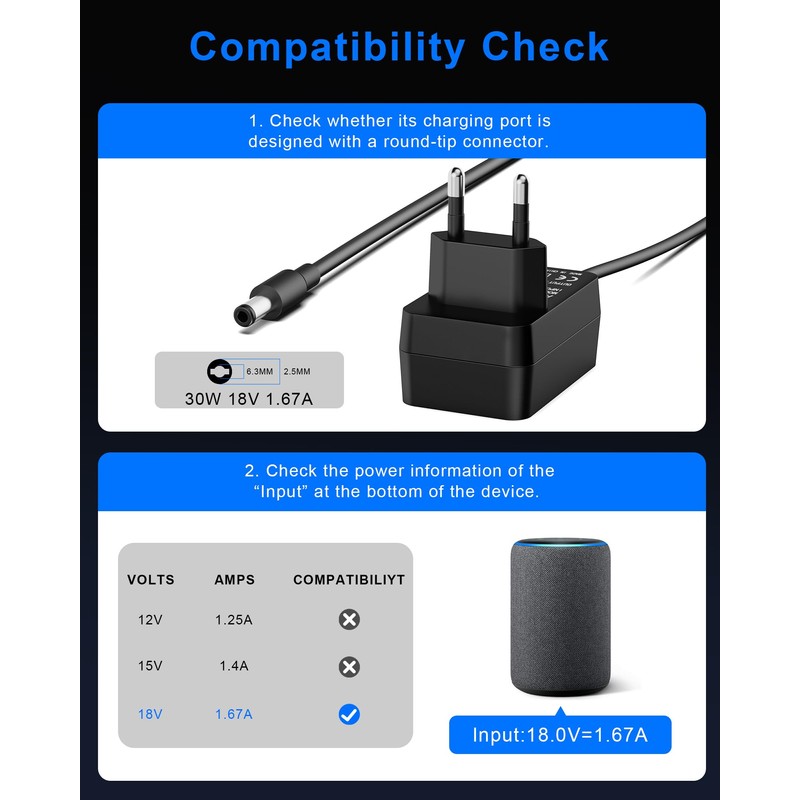 30 W Power Supply Charger Replacement for Echo (3rd/4th Gen),