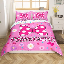 Pink Bowknot Kids Duvet Cover Set Queen Size,Daisy Flowers Bow Tie Princess Cute Bedding Set,Girls Women Room Decor,Geometric Star Dot Patchwork Romantic Quilt Cover,2 Pillowcases(No Comforter)