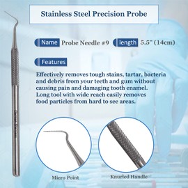 A2Z- 6pc Dental Pick Oral Care & Hygiene Probe #9, Tooth Scraper Tartar & Plaque Remover for Professional,Personal & Pet Oral Care Use - Tooth Cleaning at Home - 100% Stainless Steel, 5.5" Length