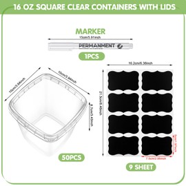 Jinei 50 Pcs Plastic Deli Containers with Lids Clear Square Food Storage Containers Stackable Airtight Square Container with Lids with 9 Labels and Marker for Kitchen Storage Meal Take out (16 oz)