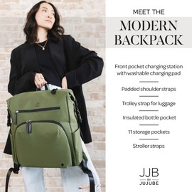 JuJuBe New Modern Diaper Bag Backpack with Portable Changing Pad, Baby Stroller Straps, Large Travel Backpack for Boy or Girl, For Carrying Baby Bottles, Baby Wipes, Diapers, Pacifiers, Olive